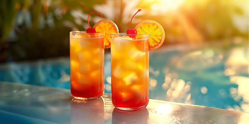 Two bright red and yellow Tequila Sunrise cocktails served poolside