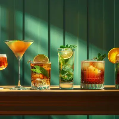 Row of different cocktails on a table set against a wooden green background