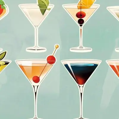Classic illustration of a variety of Dirty Martini cocktails on a light blue background