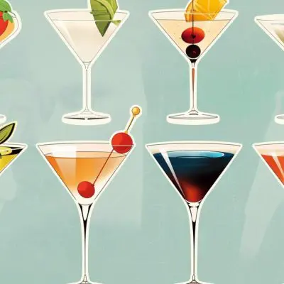 Classic illustration of a variety of Dirty Martini cocktails on a light blue background