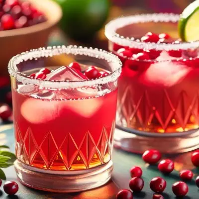 Two Cranberry Paloma Cinco de Mayo cocktails with lime and cranberry garnish