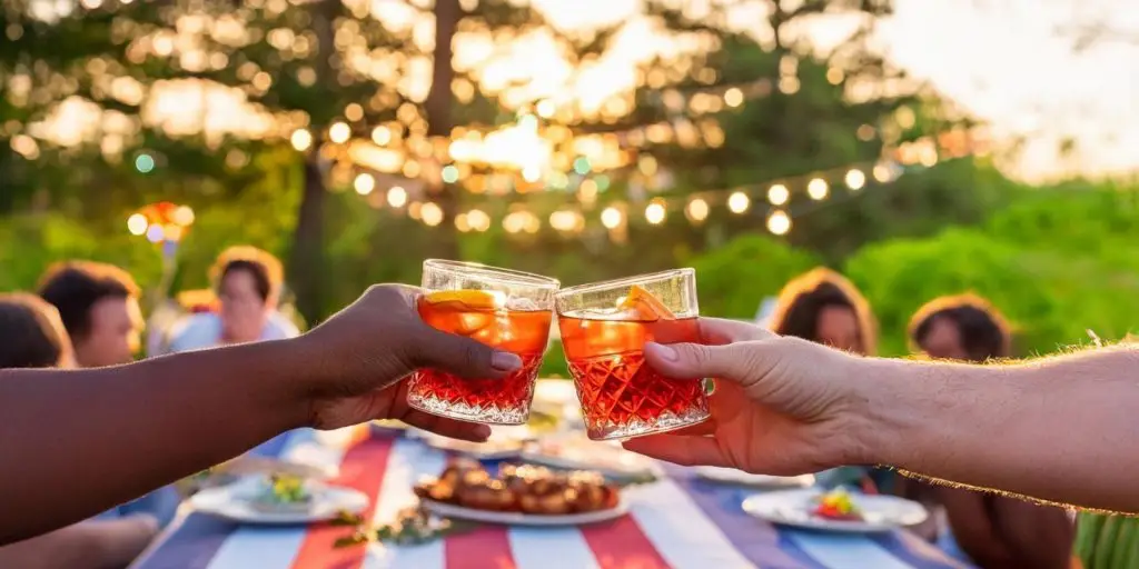 Two friends clinking Negroni cocktails at a Memorial Day picnic with a vibrant crowd in the background at dusk