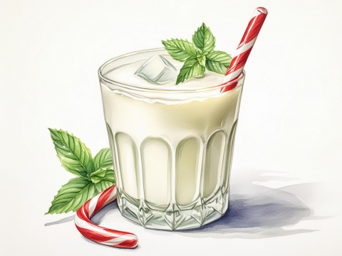 Color illustration of a Peppermint White Russian with fresh mint and candy cane garnish