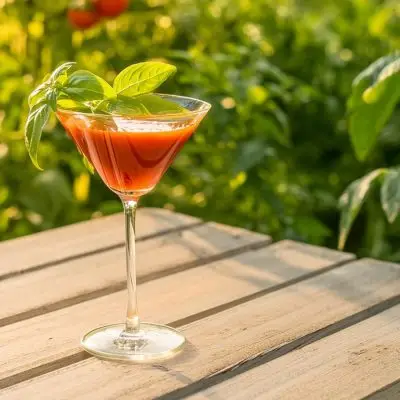 Close up of a Tomato Martini outside on a wooden table overlooking a vegetable garden at dusk