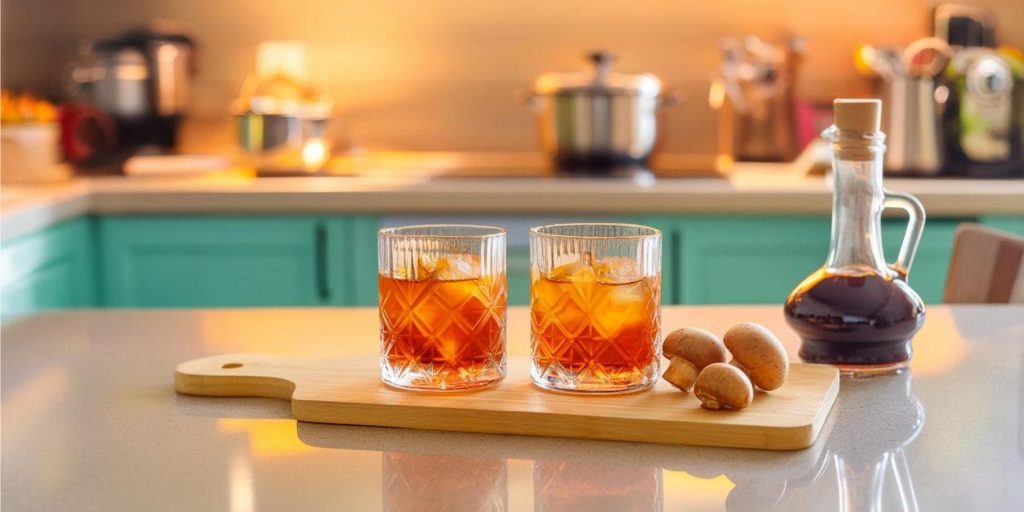 Close up view of two Umami cocktails on a table in a modern kitchen with mushrooms and soy sauce to the side