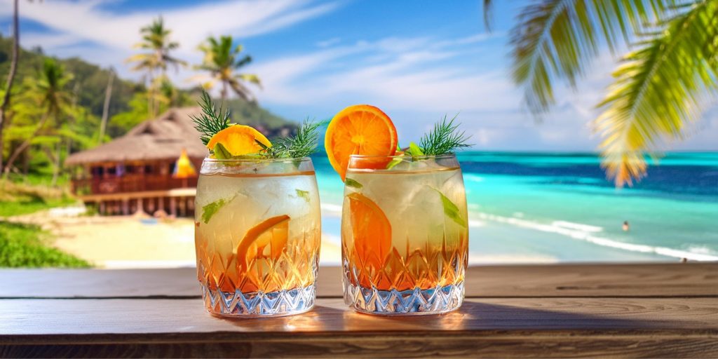 Two Aperol Gin & Tonic cocktails on the counter of a Tiki bar overlooking a beach scene on a summer day