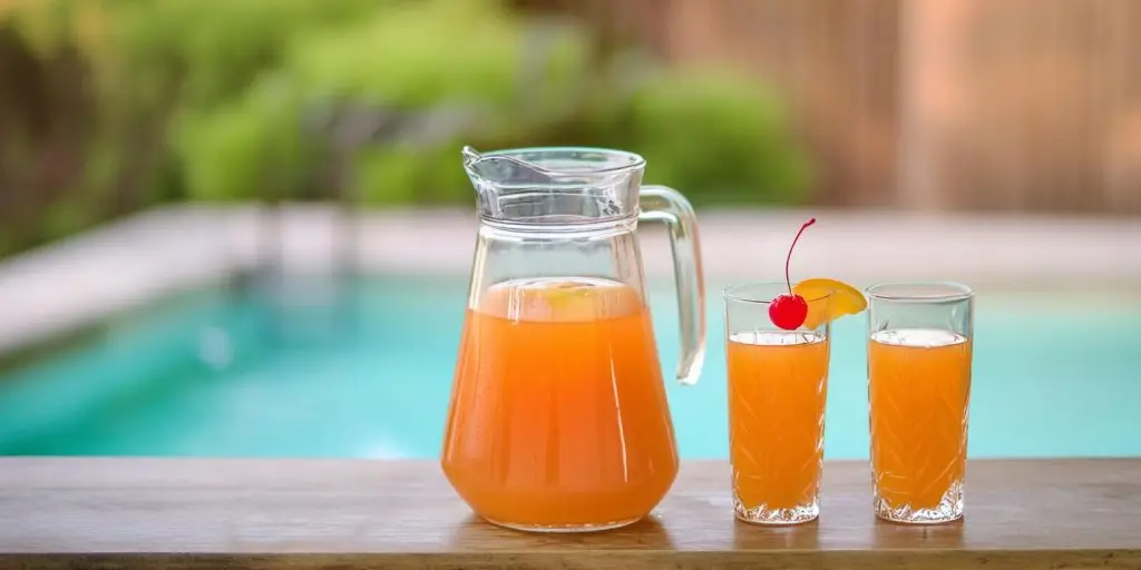 A jug of Hurricane cocktail and two glasses next to a pool on a sunny day