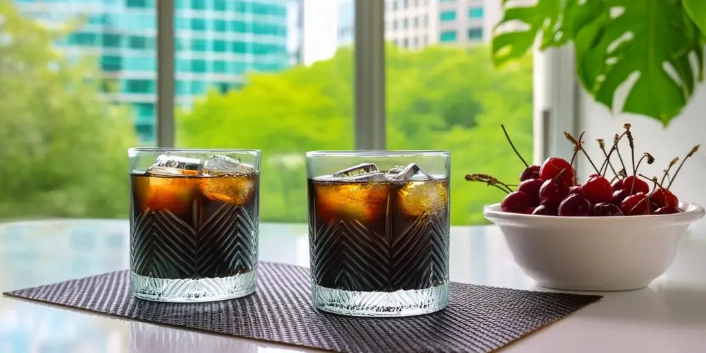 Two Black Russian cocktails served with a bowl of maraschino cherries, city backdrop through large windows in the background 
