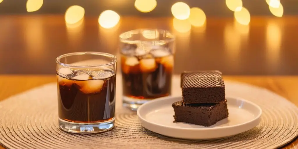 Two Black Russian cocktails on a table in a festive living room, next to a plate of brownies