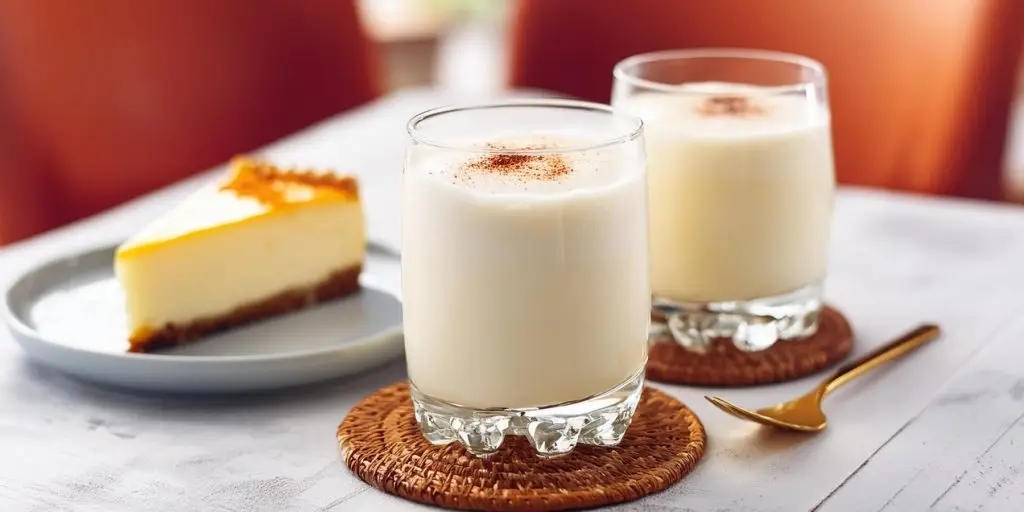 Close up of two Bourbon Milk Punch cocktails served with a slice of cheesecake