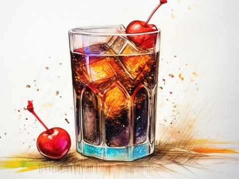 Color pencil illustration of a Roy Rogers drink with a cherry garnish