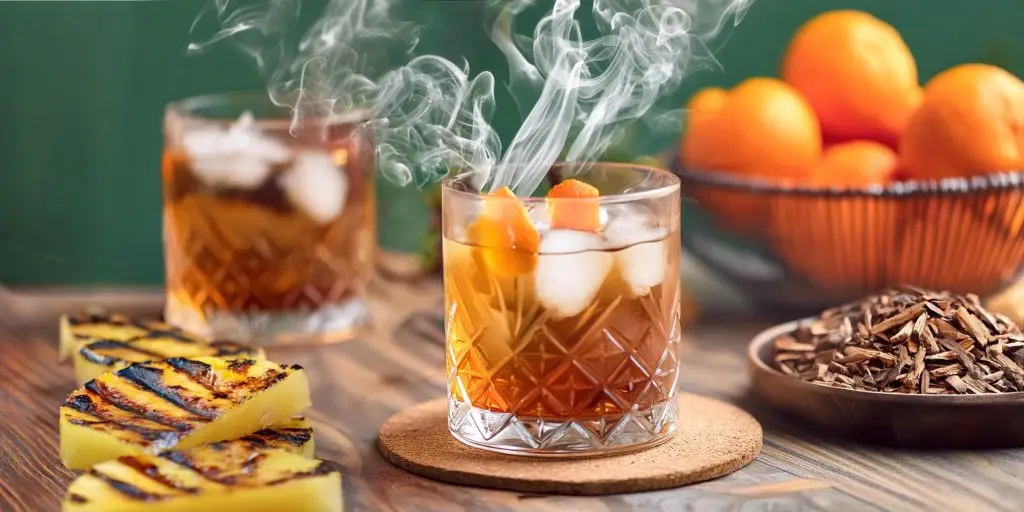 Two smoked bourbon cocktails with smoke coming out of the glasses, chargrilled pineapple on the side
