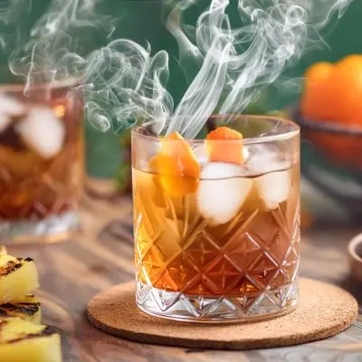 Two smoked bourbon cocktails with smoke coming out of the glasses, chargrilled pineapple on the side