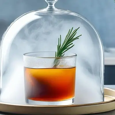An Old Fashioned smoked bourbon cocktail being infused with smoke inside a glass cloche