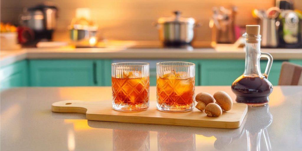 Two umami cocktails on a table in a modern kitchen with bright daylight