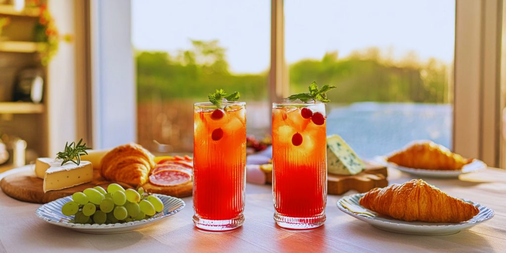 Two Virgin Cranberry Mojito summer mocktails served on a brunch table in a kitchen setting