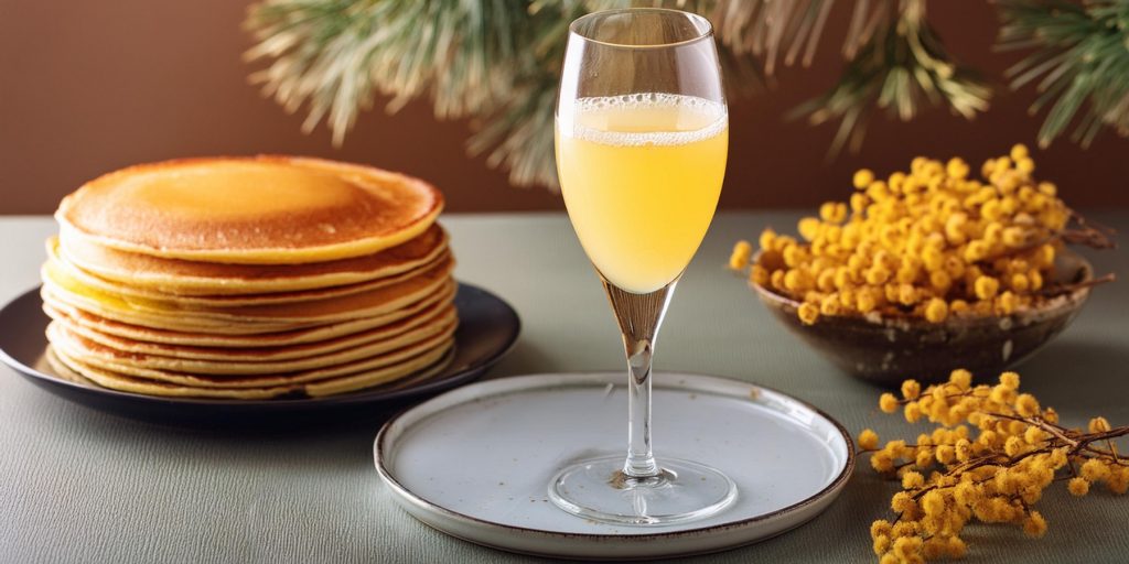 A Baby Bellini next to a plate stacked with pancakes