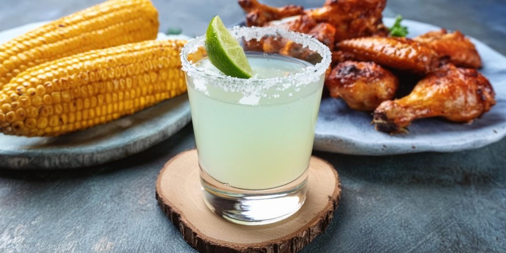 A mini Margarita in a small rocks glass next to a serving platter of grilled corn and chicken wings