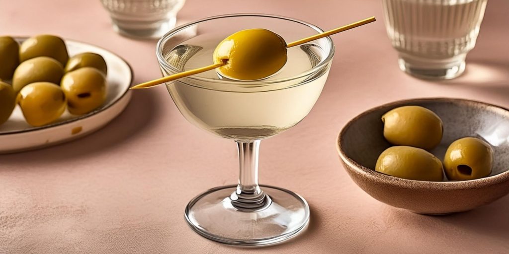 A One-Sip Martini garnished with a green olive on a wooden cocktail pick