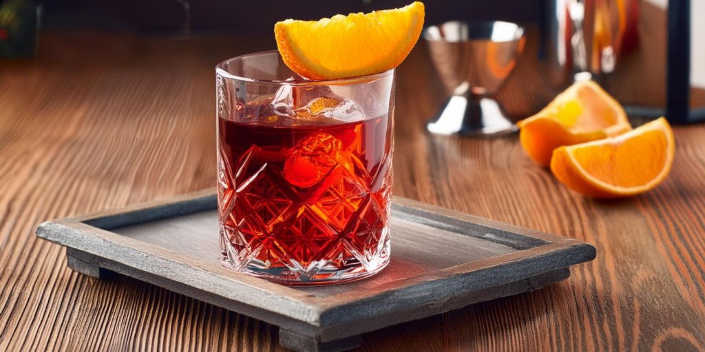 A TIny Negroni cocktail on a coaster, garnished with a wedge of orange