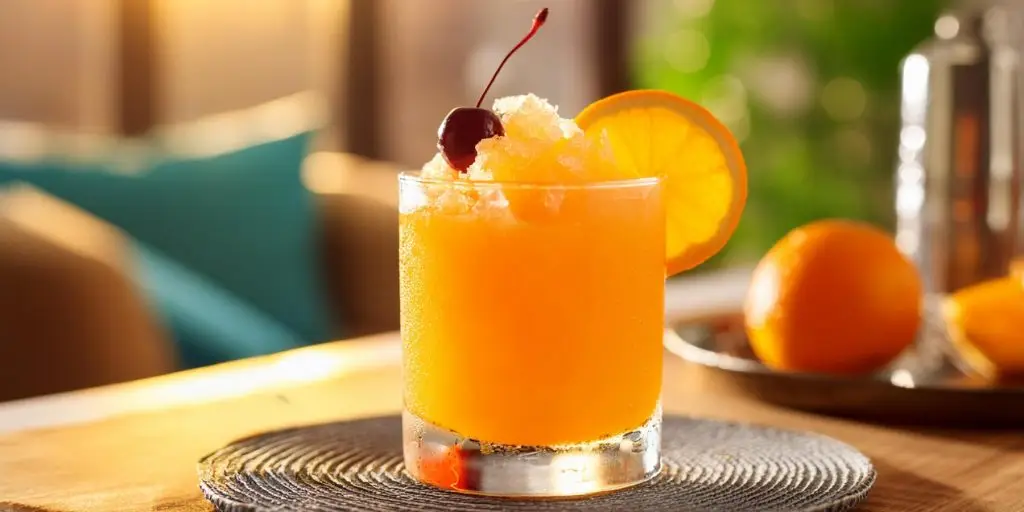 A Frozen Hurricane cocktail with a luxardo cherry and orange wheel garnish