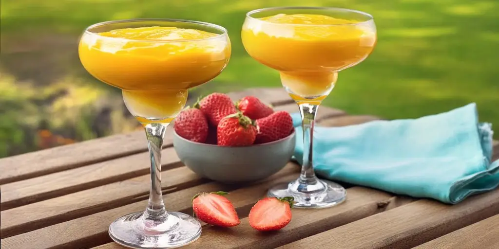 Two Frozen Mango Daiquiri cocktails served on a wooden table with a bowl of strawberries