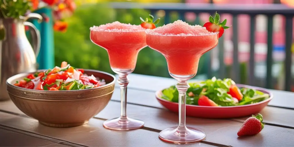 Two Frozen Strawberry Daiquiries on a wooden table outdoors on a sunny day next to a fresh summer salad
