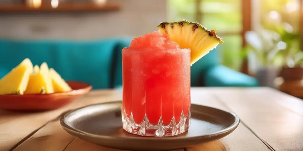 A Tropical Rum Punch frozen cocktail with fresh pineapple garnish 