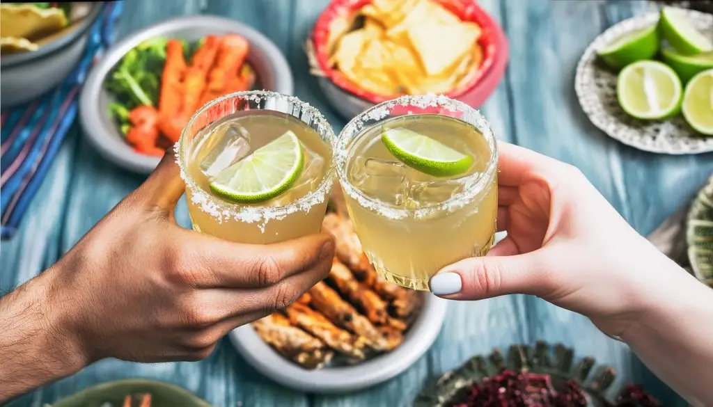 Two hands clinking together Reposado Tequila Margarita cocktails over a Mexican themed lunch table