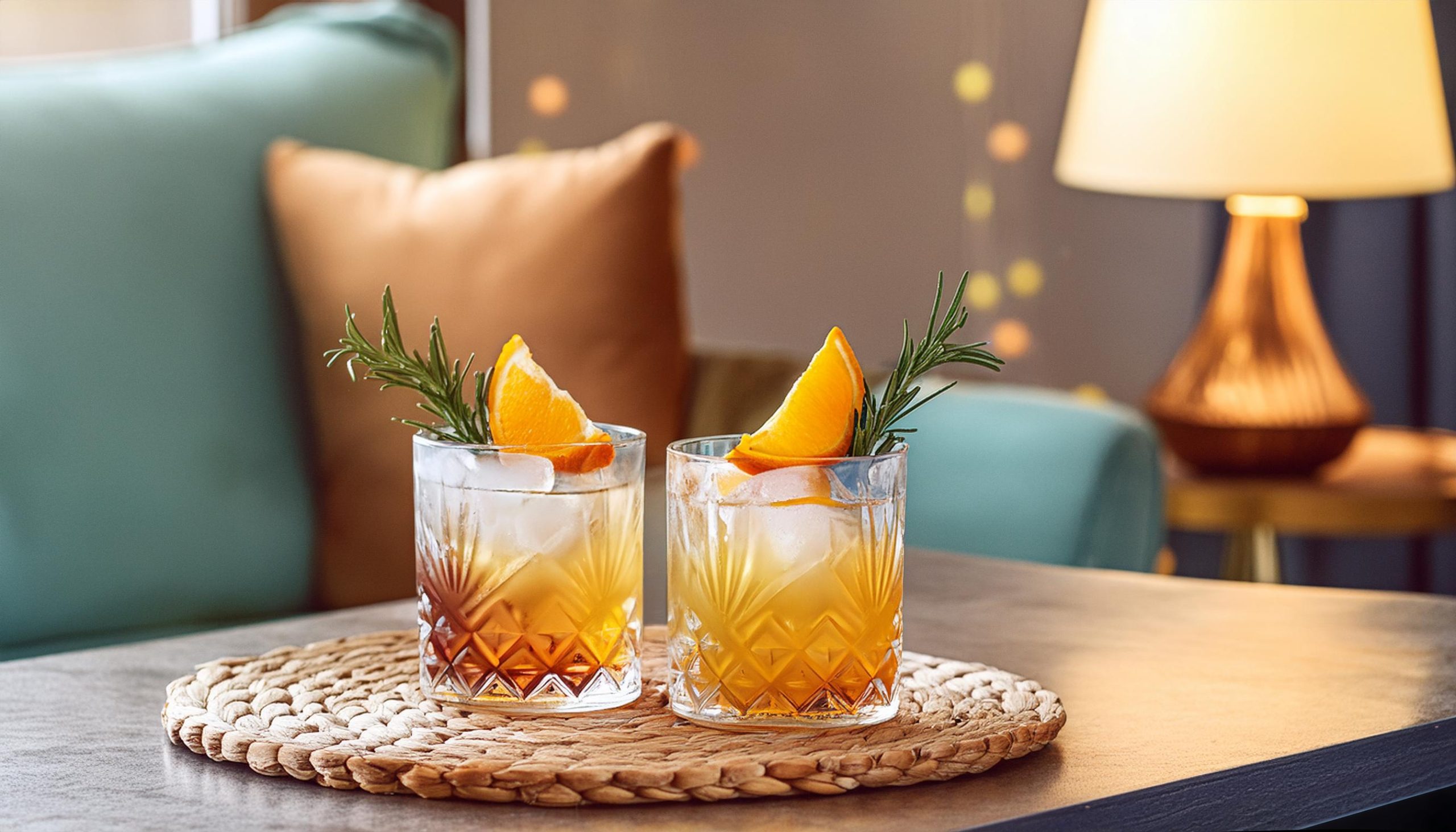 Two Reposado Tequila Old Fashioned cocktails with orange and rosemary garnish, served in a lounge setting