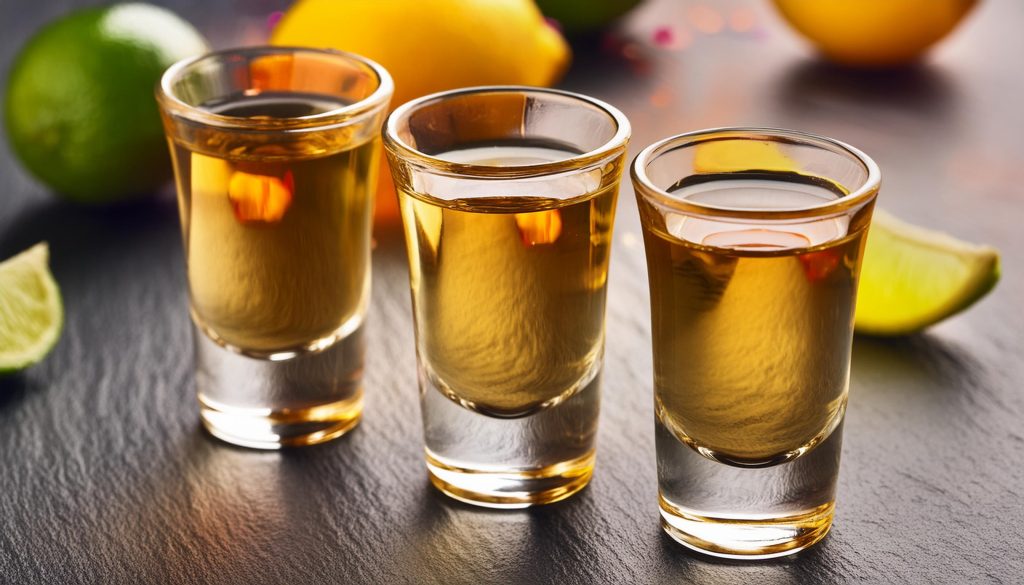 Three shot glasses filled with reposado tequila