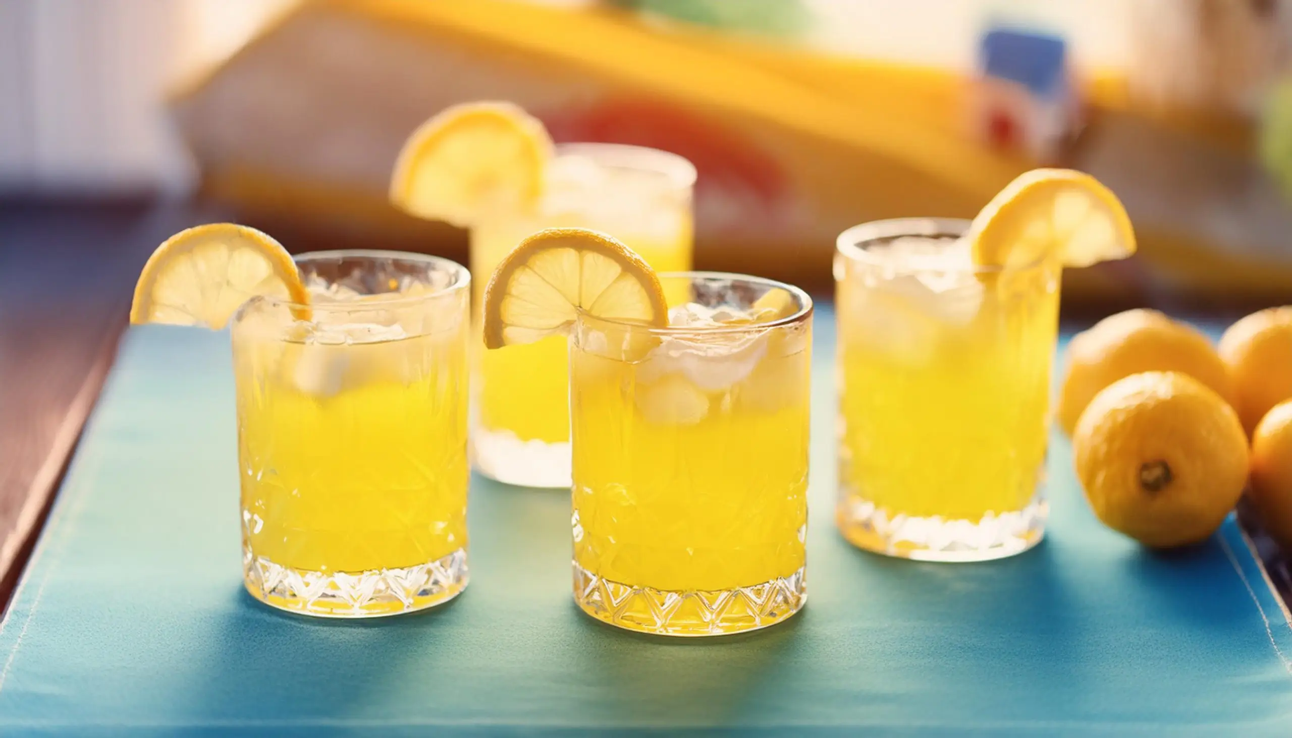 Four Tequila Pineapple Rum Punch cocktails served in lowball glasses with lemon garnish