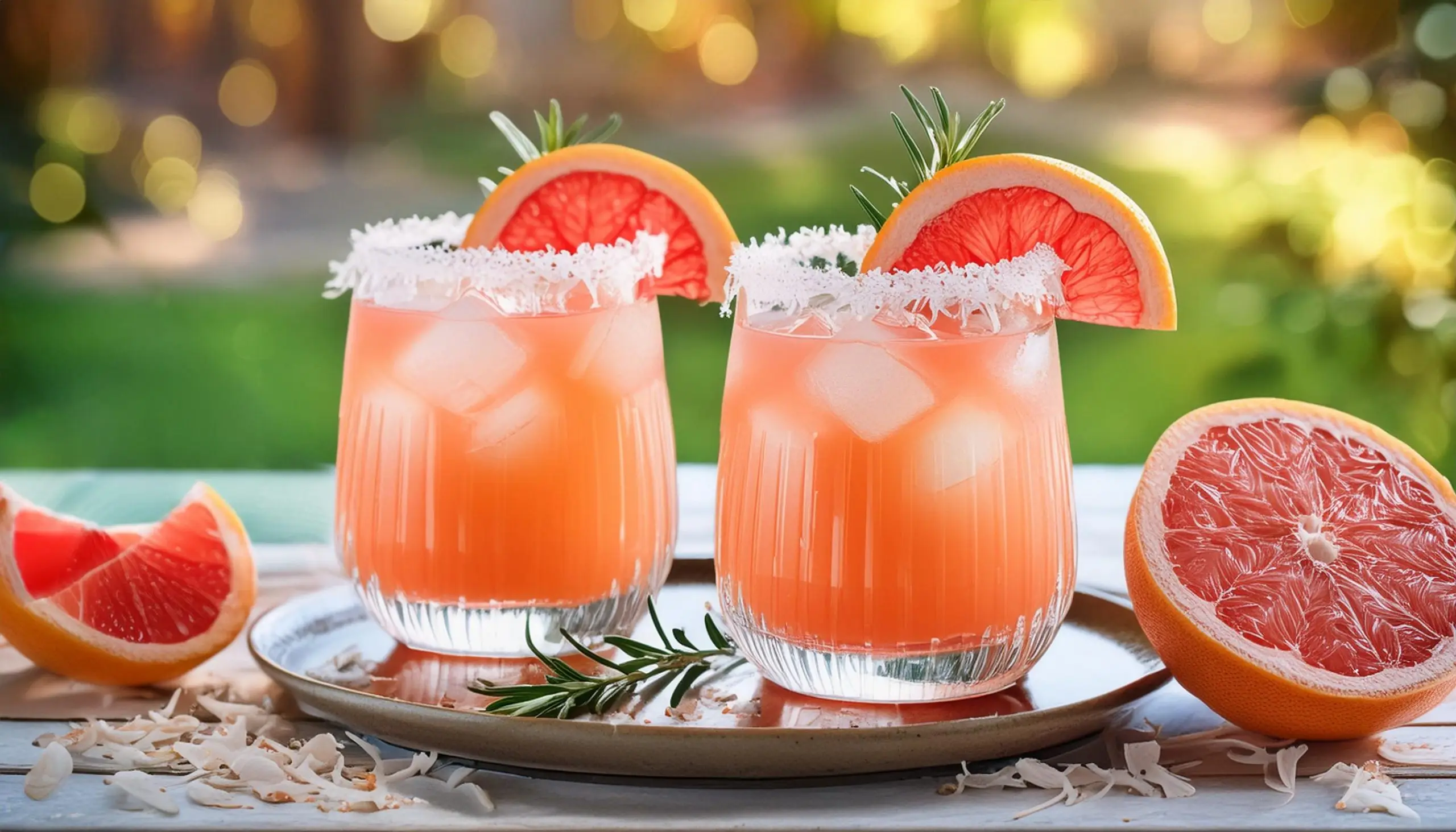 Two Coconut Paloma cocktails with shredded coconut rims and rosemary garnish in a garden setting