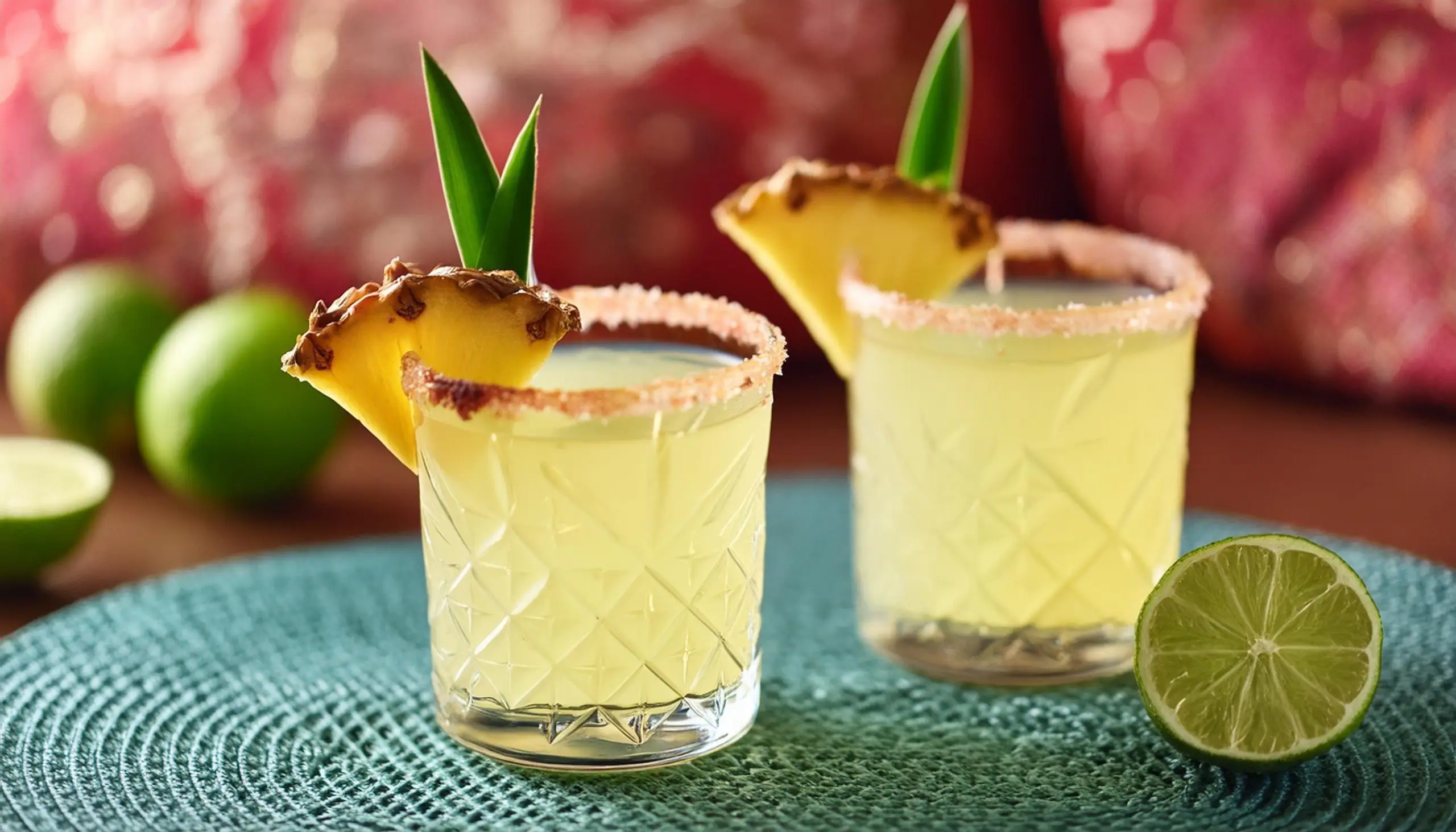 Two Mai Tai Margarita rum and tequila cocktails with pineapple spear garnish 