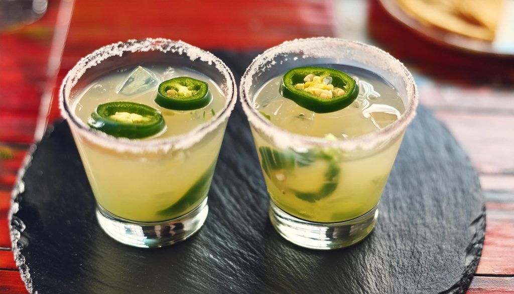 Two Añejo Spicy Margaritas with sliced jalapeños on black slate