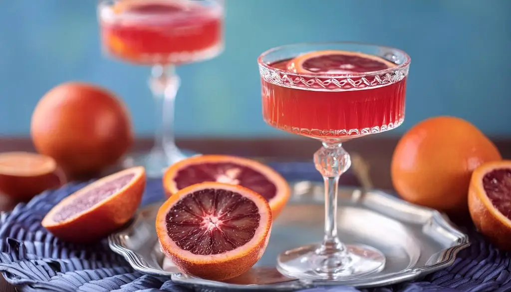 A close-up of a Blood Orange Cosmo served on a silver tray with halved blood oranges arranged around it