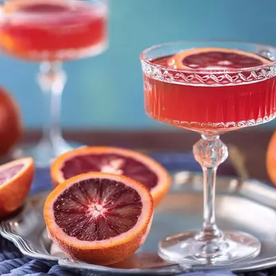 A close-up of a Blood Orange Cosmo served on a silver tray with halved blood oranges arranged around it