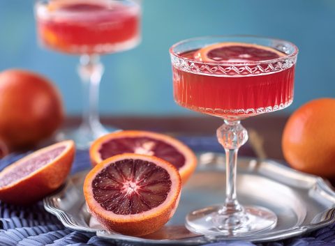 A close-up of a Blood Orange Cosmo served on a silver tray with halved blood oranges arranged around it