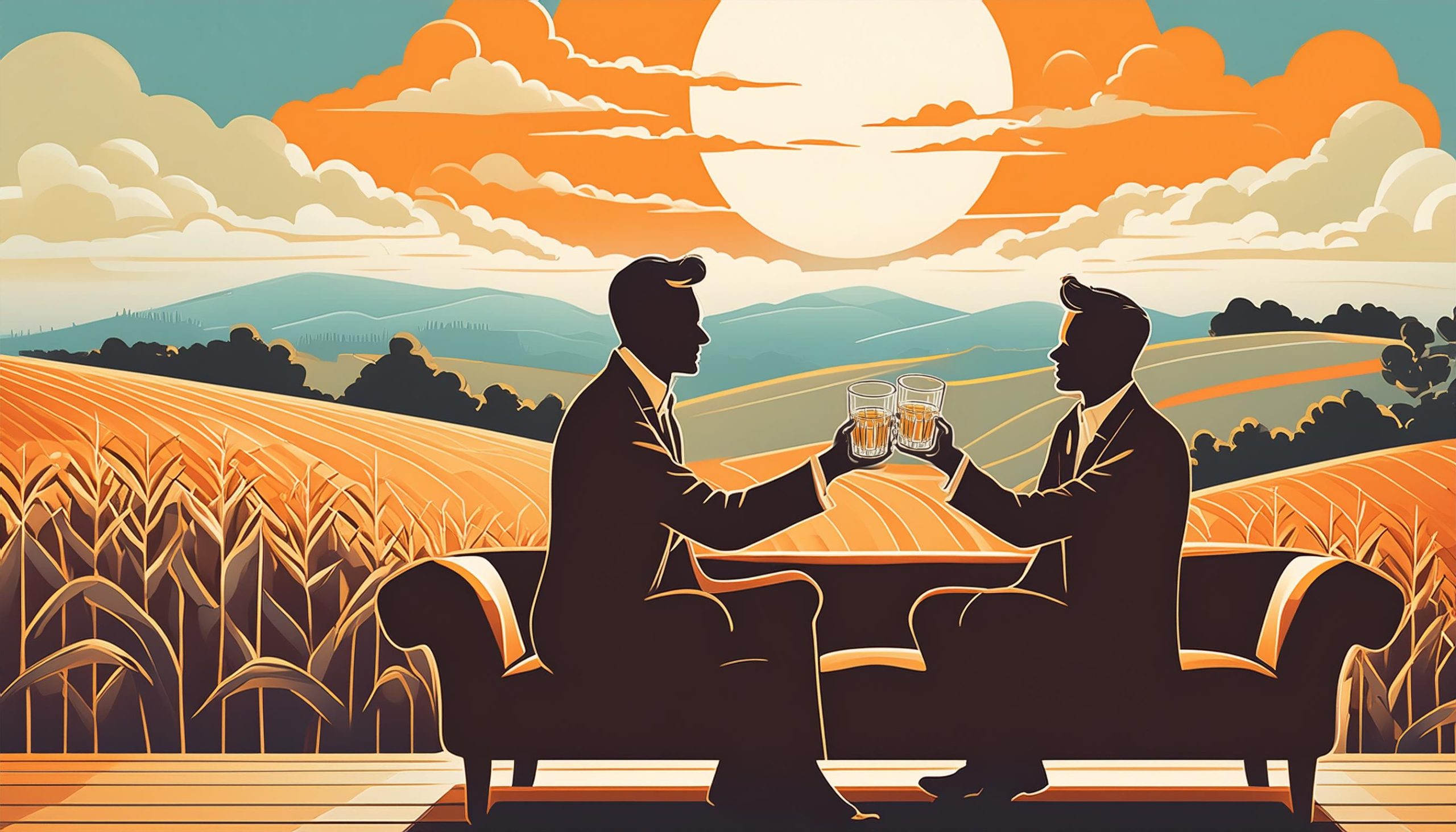 Illustration of two mean clinking together Wild Turkey bourbon at sunset next to a corn field