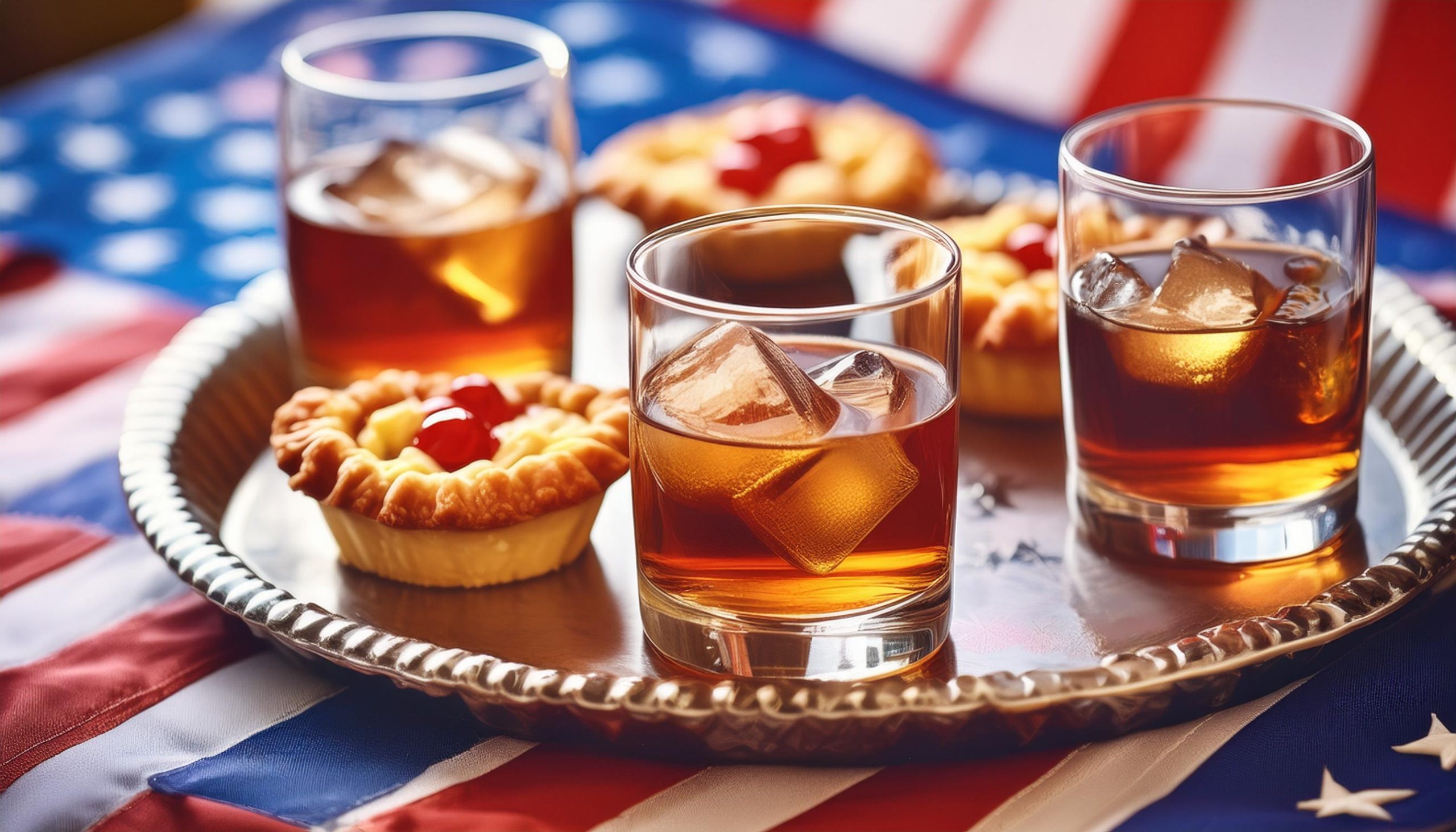 Three glasses of Wild Turkey Bourbon paired with mini apple pies on Fourth of July