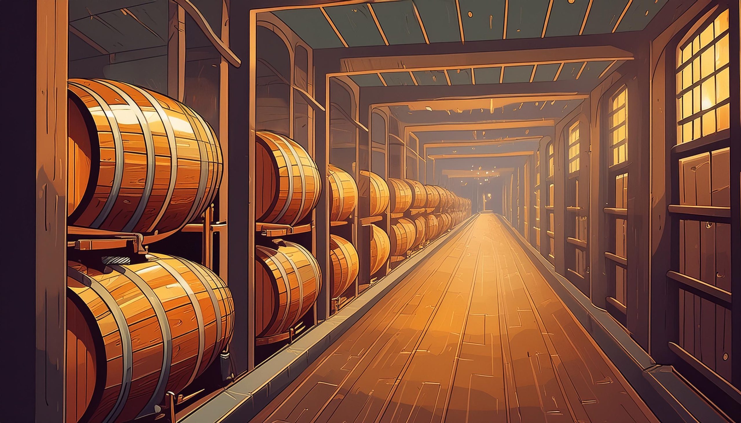 An illustration of a row of Wild Turkey Bourbon barrels inside a distillery 