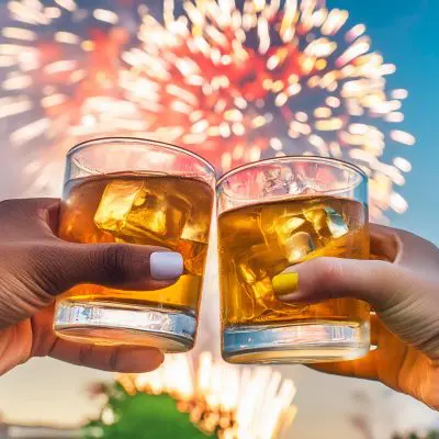 Close-up of two hands clinking together Wild Turkey Independence Day cocktails with fireworks in the background