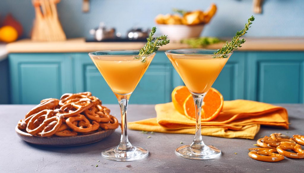 Two Clementine Martinis garnished with fresh thyme, served with a bowl of pretzels