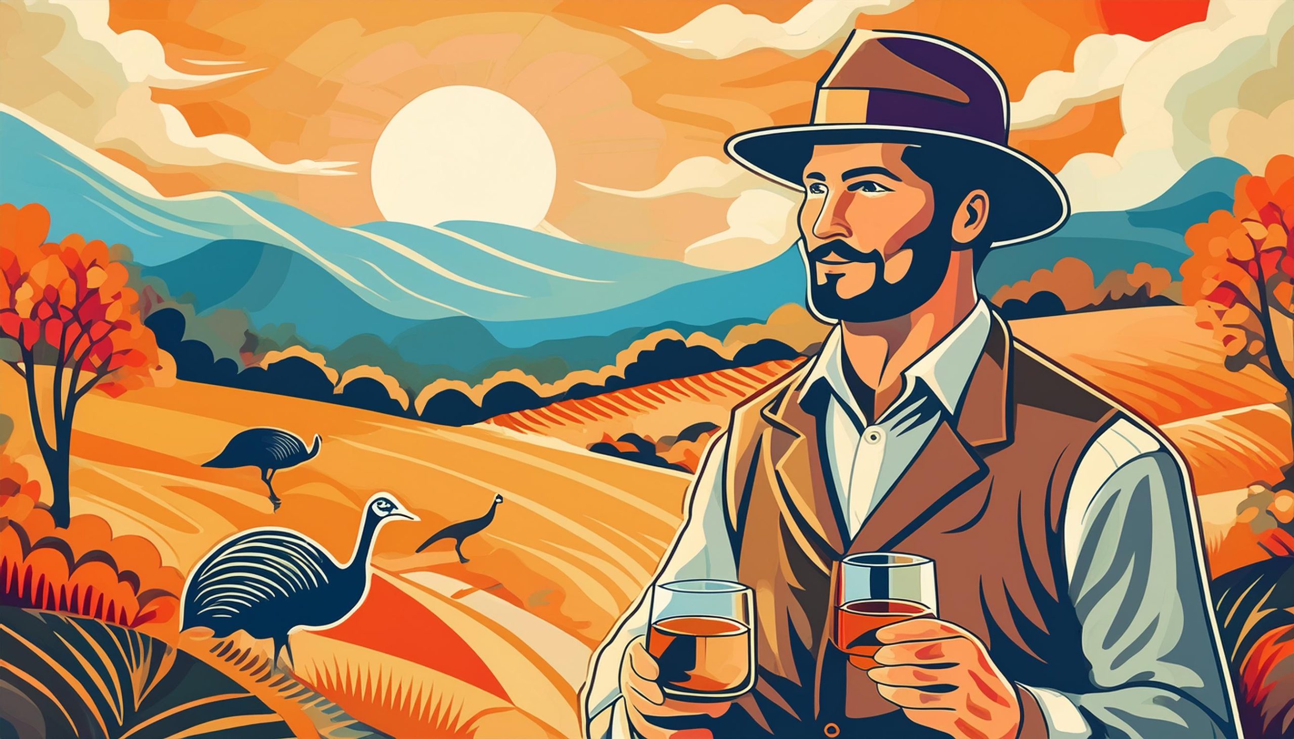 An art deco style illustration of a man in the late 18th century, holding two glasses of bourbon, turkeys in the landscapes behind him 