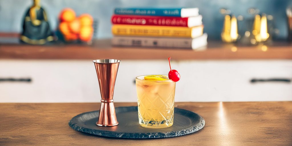 A tiny lemon cocktail next to a cocktail jigger in a modern kitchen setting
