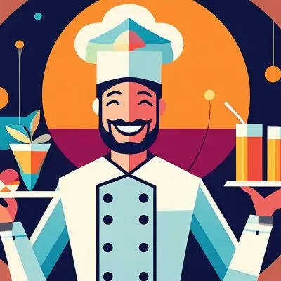 An illustration of a chef holding up two trays of culinary cocktails, Bauhaus style illustration