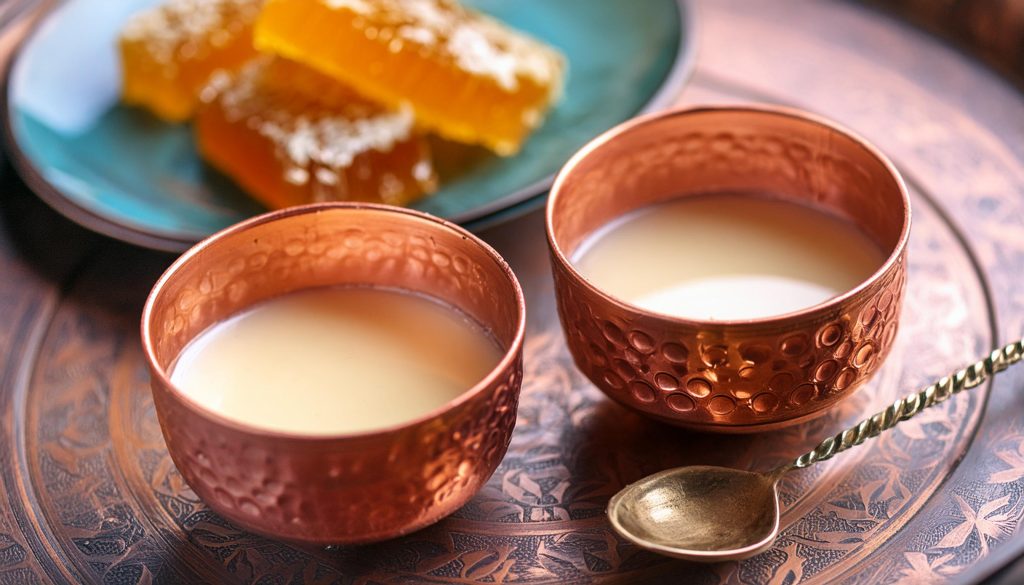 Two Honeycomb Makgeolli cocktails in copper serving cups on a table next to a platter of fresh honeycomb