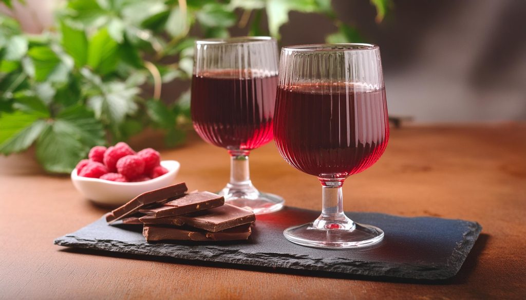 Two glasses of Korean raspberry wine on a table next to a bowl of raspberries and some chocolate