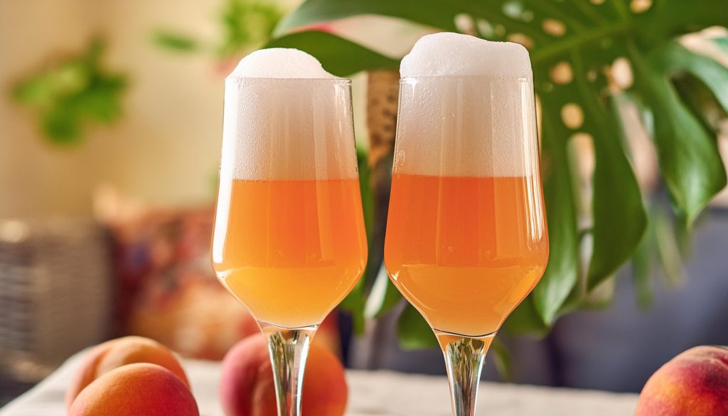 Close-up of two Cosmobellini cocktails in flute glasses