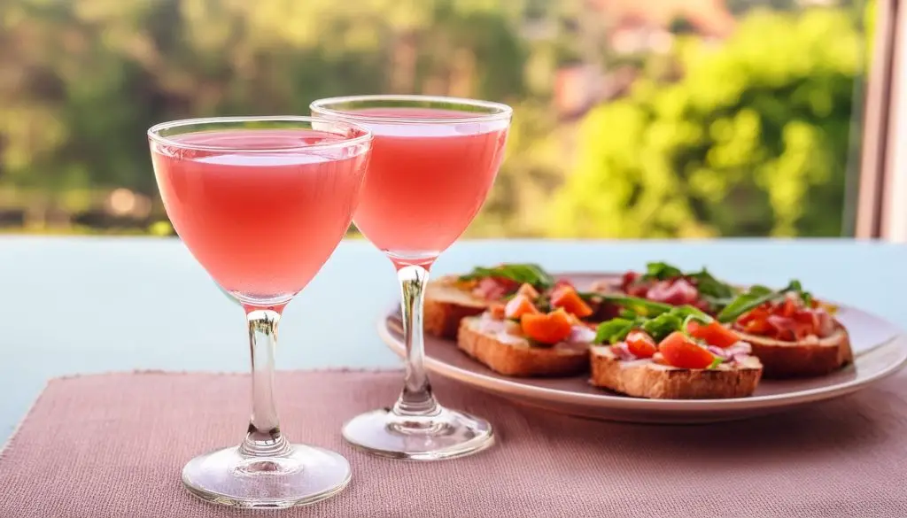 Two Cosmo cocktails served with a plate of tomato and basil bruschetta 